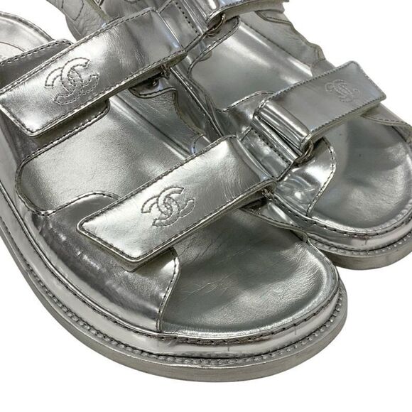 Chanel Sandals Shoes Leather Silver Coco Mark Velcro - Picture 9 of 10